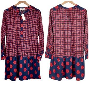 NEW Ann Taylor LOFT Drop Waist Long Sleeve Dress Red Navy Tan Floral | Small